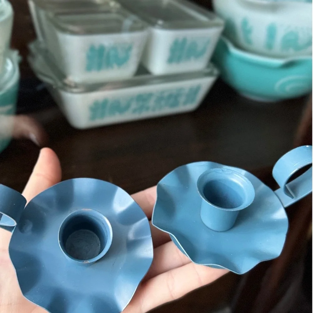 Vintage Cottagecore Farmhouse Country Blue Metal Candle Holder Set Small Taper